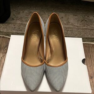 Franco Sarto Women's Pinstripe Heels - Black, White, and Tan